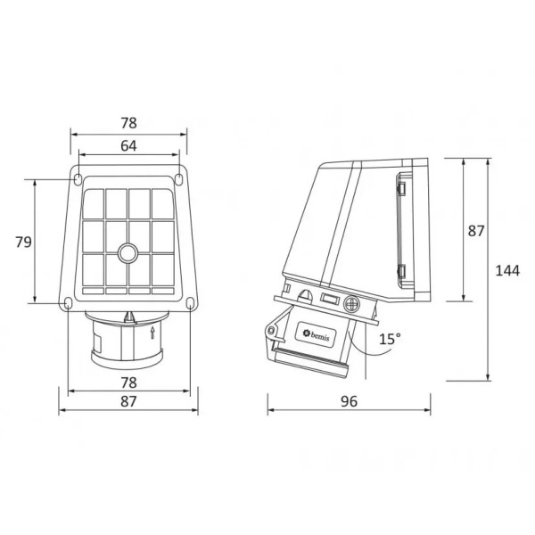 Розетка силова кутова 2P+PE 32A 220V Bemis BC1-3403-2535