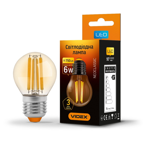 Лампа G45FA 6W E27 2200K Filament Videx VL-G45FA-06272