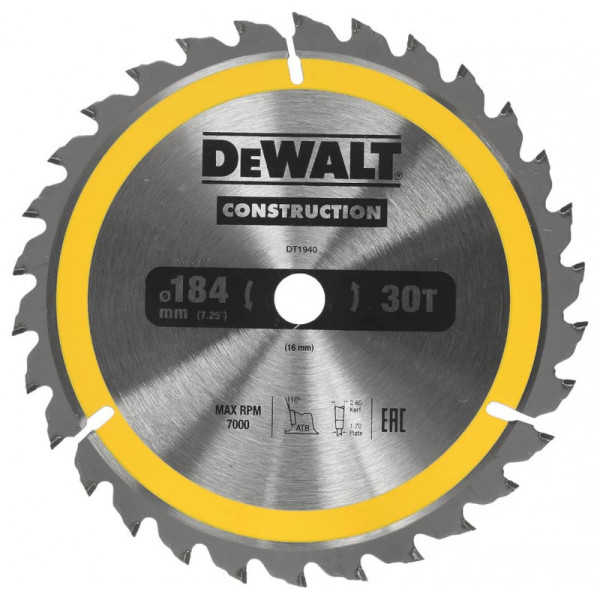 Диск для дерева 184 30Т 16  DeWalt Сonstruction