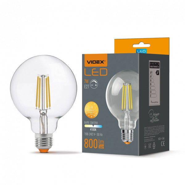 Лампа G95FD 7W E27 4100K Filament димер Videx VL-G95FD-07274