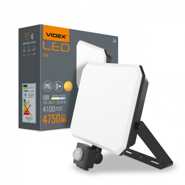Прожектор 50W 5000K F3 пр/уд чорн з датч рух Videx VLE-F3-0505B-S