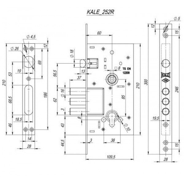 Корпус замка 252 R w/b нікель 60мм KALE (тех.упак) KALE KILIT