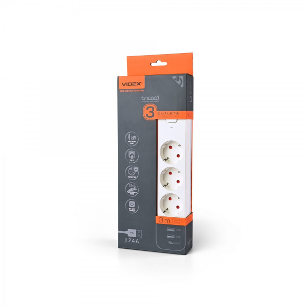 Подовжувач 3вх 3м з/з, 2,4А 2USB+USB-C з вимик біл