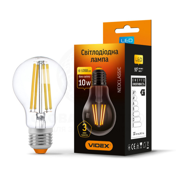 Лампа A60F 10W E27 4100K Filament Videx VL-А60F-10274