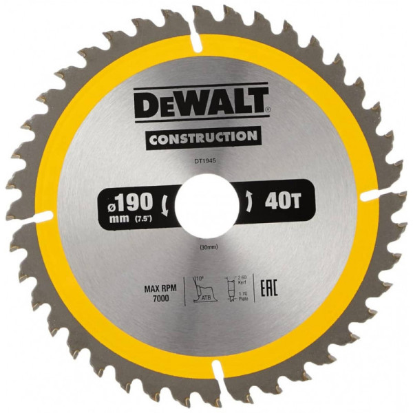 Диск для дерева 190 40Т 30  DeWalt Сonstruction
