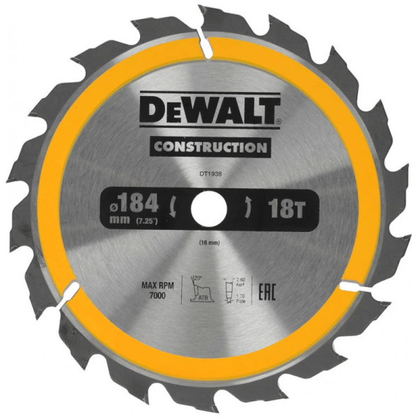 Диск для дерева 184 18Т 16 DeWalt Сonstruction DT1938
