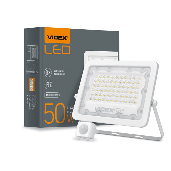 Прожектор 50W 5000K з датчиком руху та освіт Videx VL-F2е505W-S