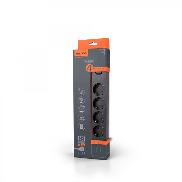 Подовжувач 4вх 3м з/з, 3,4А 2USB+USB-C з вимик чор