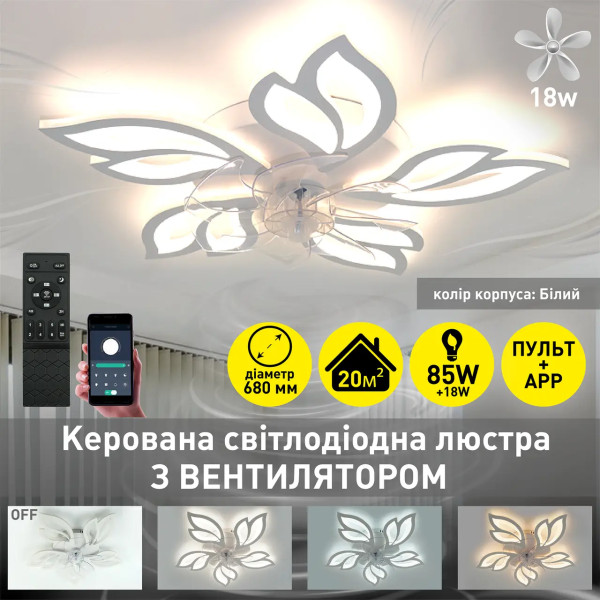 Світлодіодна люстра Svetcomplect ASTRA85W+18W5 FAN