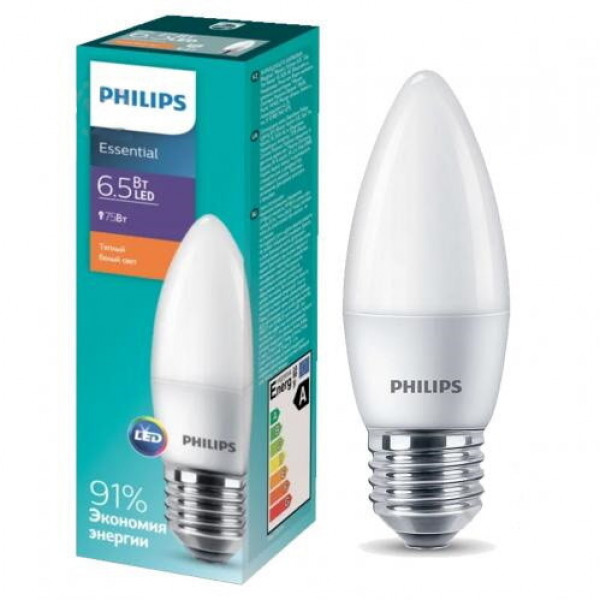 Світлодіодна лампа Лед Е27 Philips 6.5Вт 4000К С37