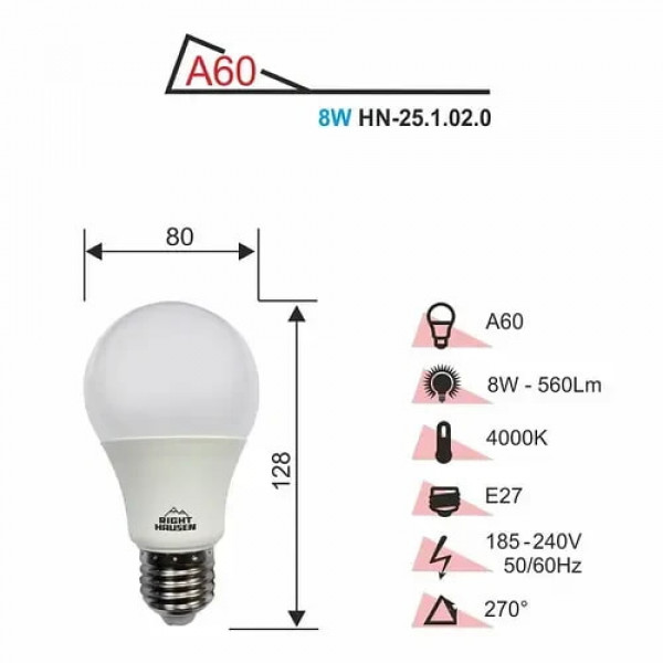 Лампа A60 8W E27 4000K RH Soft HN-251020