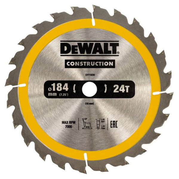 Диск для дерева 184 24Т 16 DeWalt Сonstruction DT1939