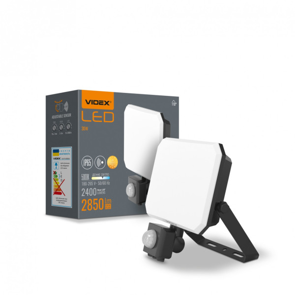 Прожектор 30W 5000K F3 пр/уд чорн з датч рух Videx VLE-F3-0305B-S