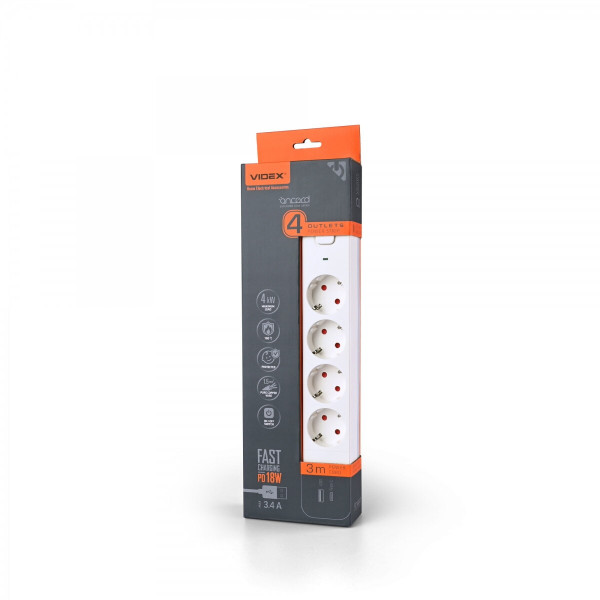 Подовжувач 4вх 3м з/з, 3,4А 2USB+USB-C з вимик біл